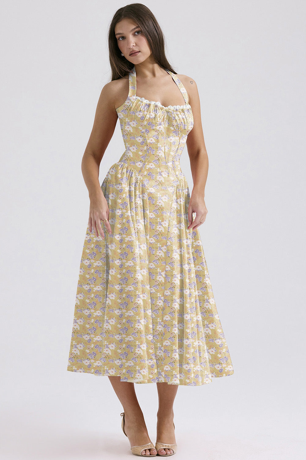 2025 New Summer Slim Slip Long Skirt European and American style fashion print halterneck lace dress