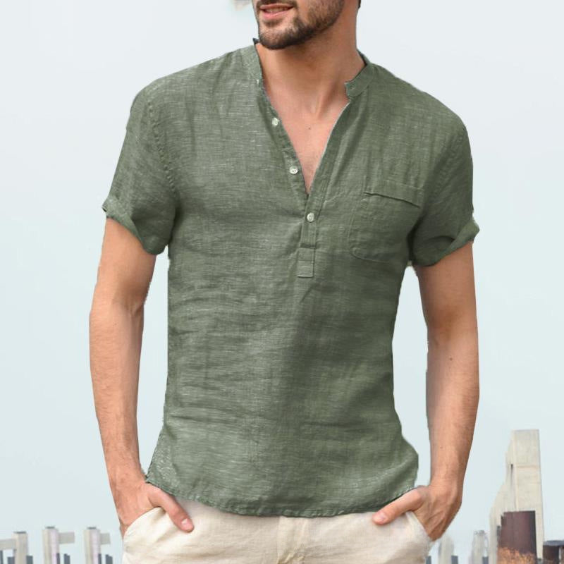 European and American hot sale men's solid color stand-up collar semi-open thin short-sleeved shirt tops foreign trade men's clothing