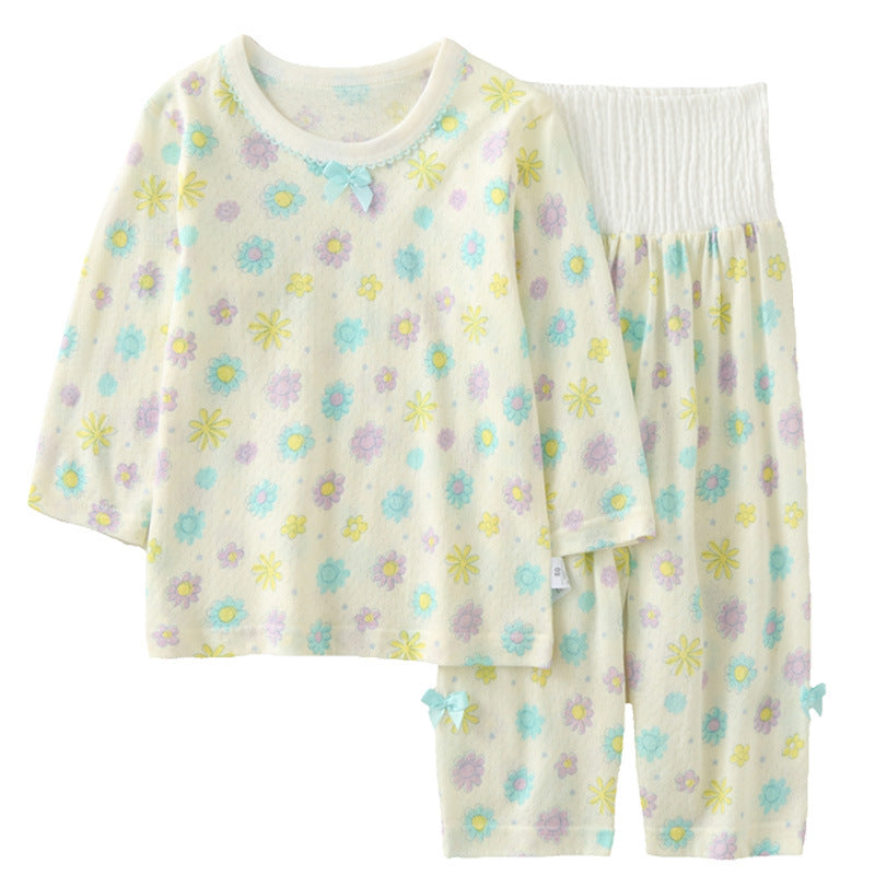Baby long sleeve suit, cotton summer thin girl air conditioning suit, two-piece high waist belly protection baby loungewear pajamas