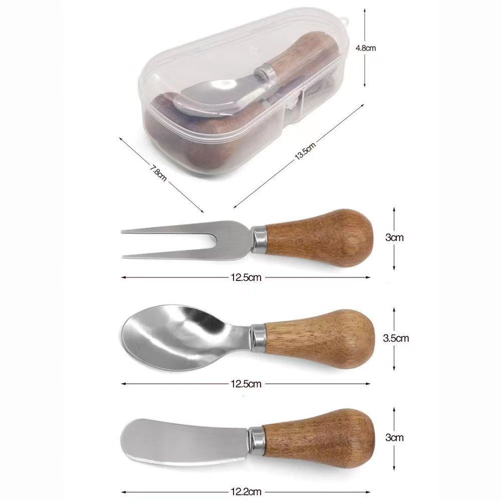Vertical butter knife, wooden handle, cheese knife, stainless steel, cutlery, cheese spread, fork and spoon three-piece set with logo
