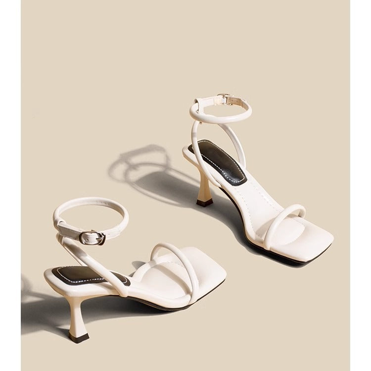 2024 New White French High Heels, Stiletto Heels, Square Toe, Open Toe, Slotted Sandals, Women's Summer