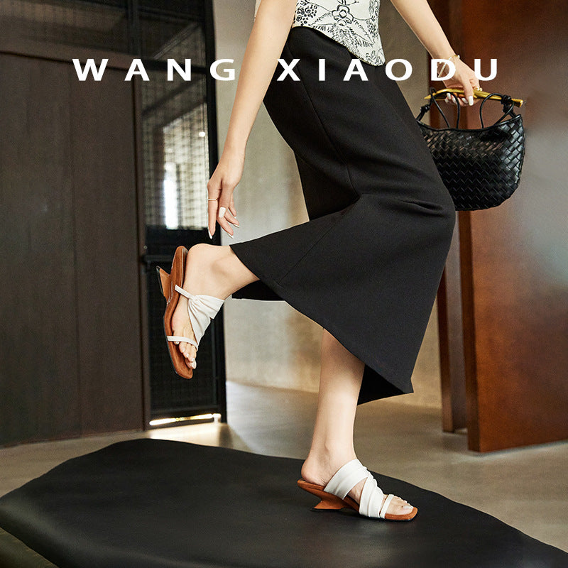 Sheepskin color-blocked retro square toe straight with wedge heel slippers women's summer wear Korean version of open-toe high-heeled sandals