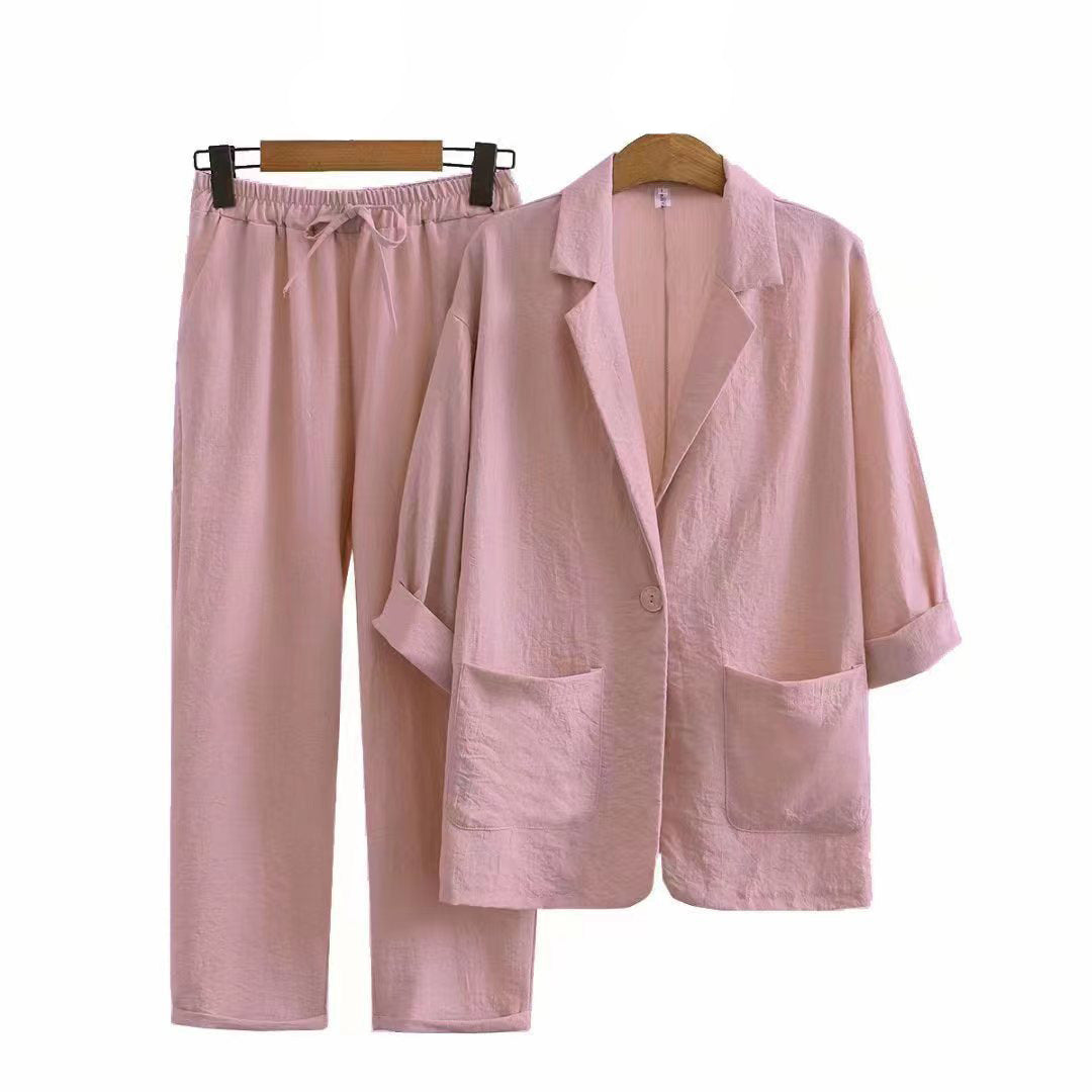 2025 European and American New Women's Autumn Commuter Suits Cotton and Linen Jacket Pants Pockets Loose Fashion Casual Wear
