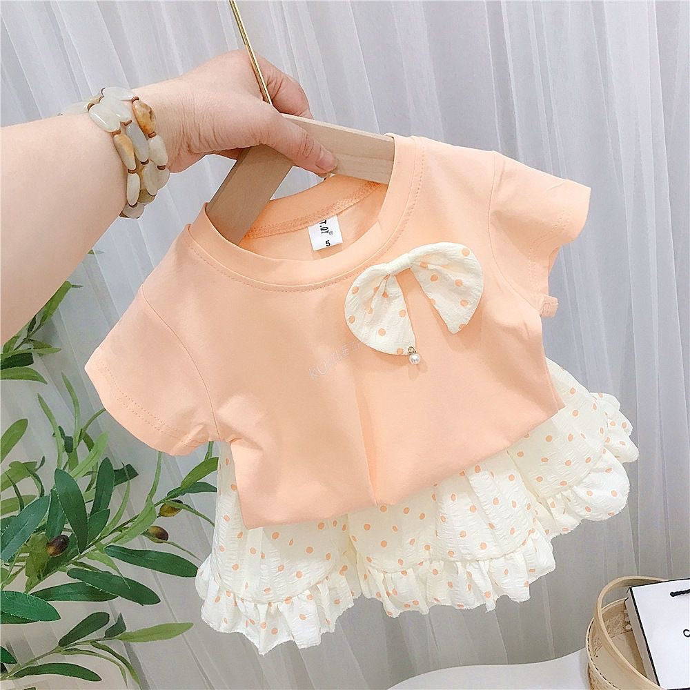 Summer girls children's short-sleeved T-shirt top + polka dot skirt two-piece children's foreign style T-shirt suit
