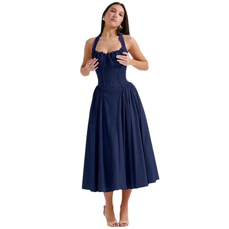 2025 New Summer Slim Slip Long Skirt European and American style fashion print halterneck lace dress
