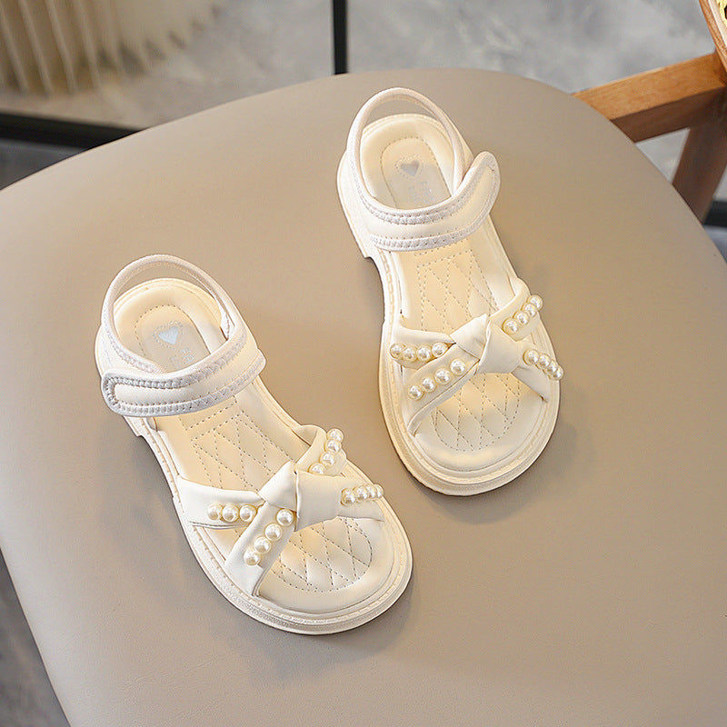 Girls' shoes 2025 summer new children's sandals soft soles pearl little girls princess shoes middle and big kids beach shoes