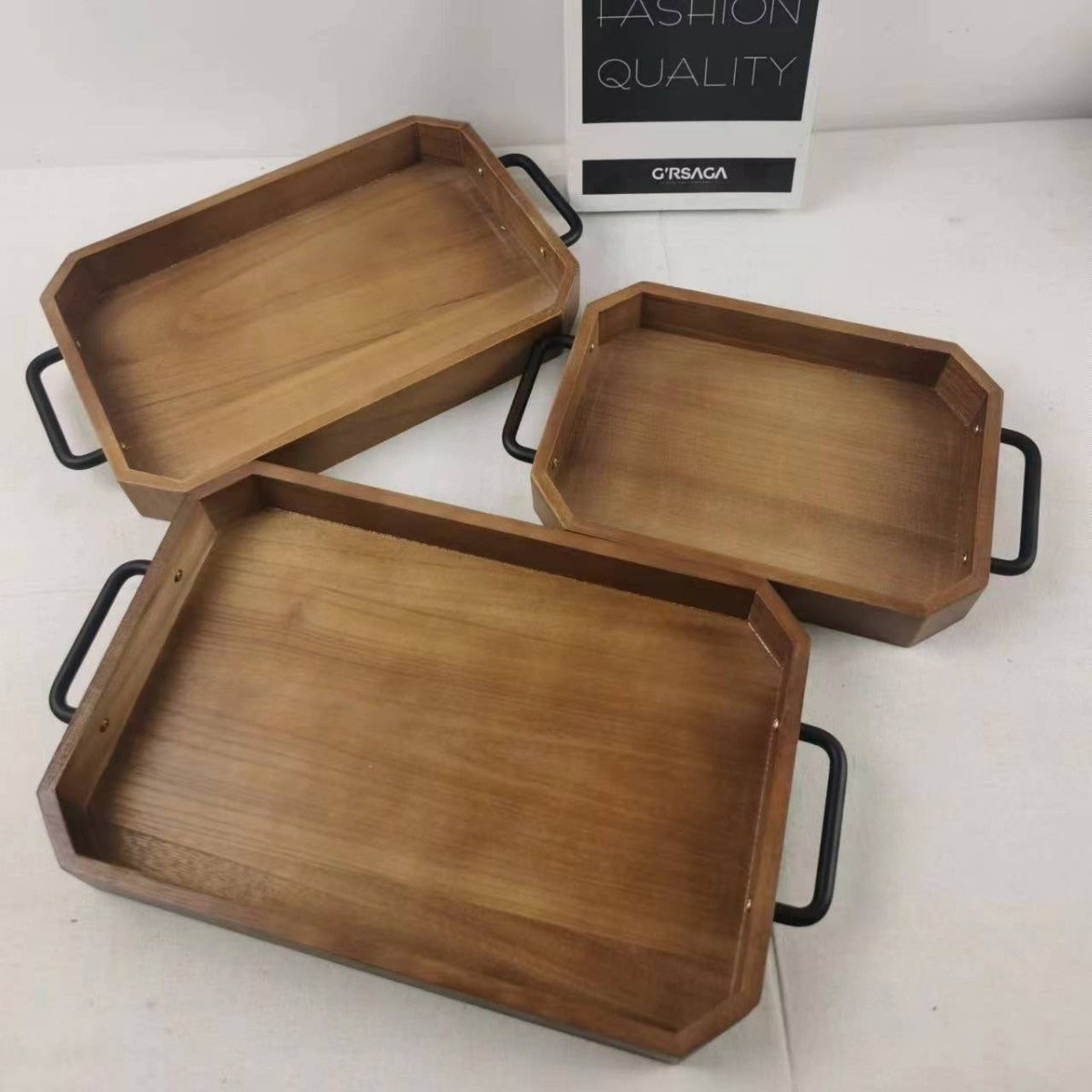 Vintage Rectangular Solid Wood Tray Iron Handle Home Afternoon Tea Snack Plate Coffee Plate Bread Fruit Display Plate