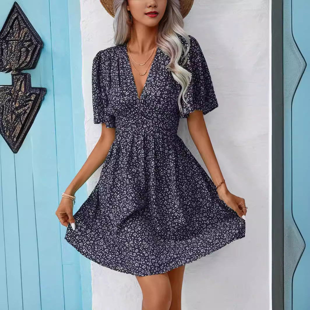 2025 European and American Amazon cross-border women's summer new V-neck mid-sleeve printed high-waisted floral pleated dress