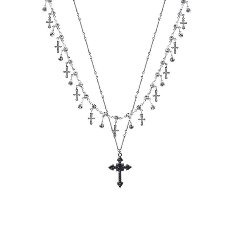 Dark sweet cool design sense diamond cross pendant necklace female niche sense of luxury multi-layered clavicle chain tide