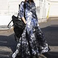 Large size women's Amazon autumn print cotton linen dress vintage ethnic style dress loose long sleeve swing skirt