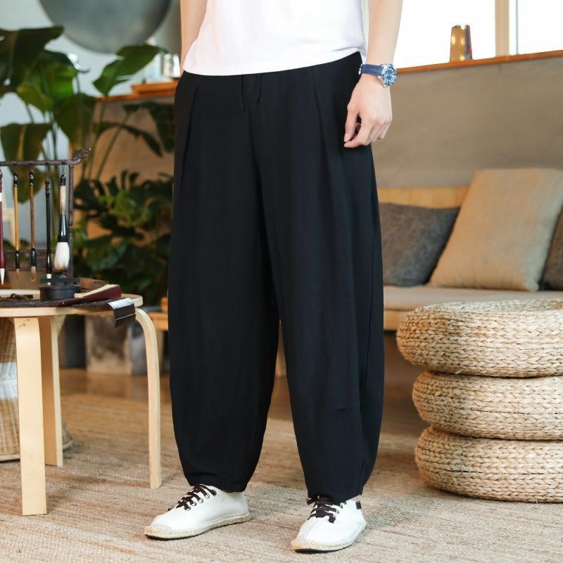 Chinese style cotton and linen male pants summer thin section retro lantern pants loose wide leg trousers men linen casual pants