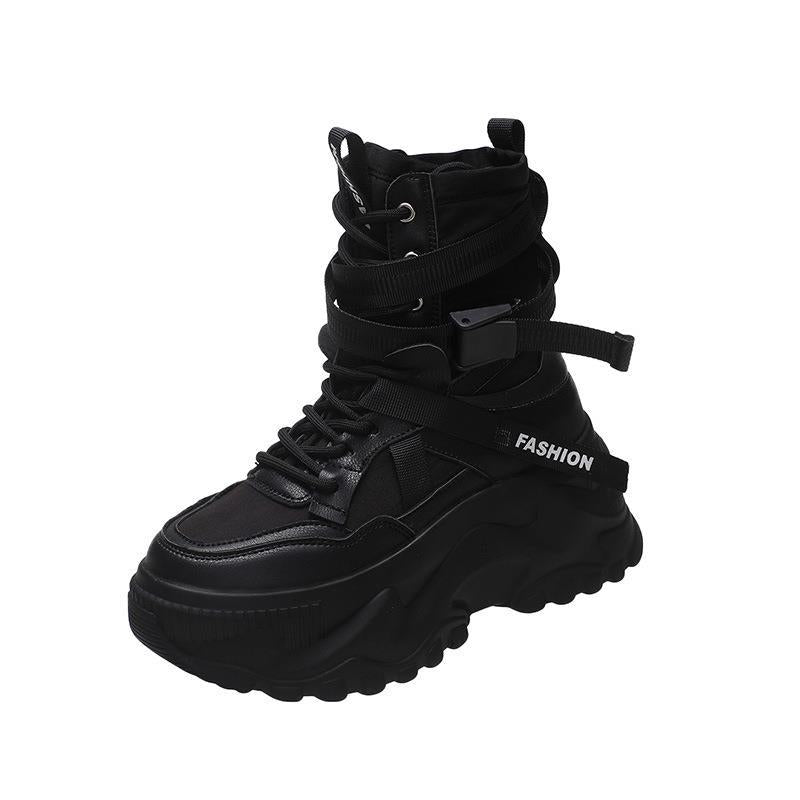 Autumn and Winter Korean version of thick-soled heightened sports style women's shoes 2024 new lace-up Internet celebrity roman style high-top women's shoes