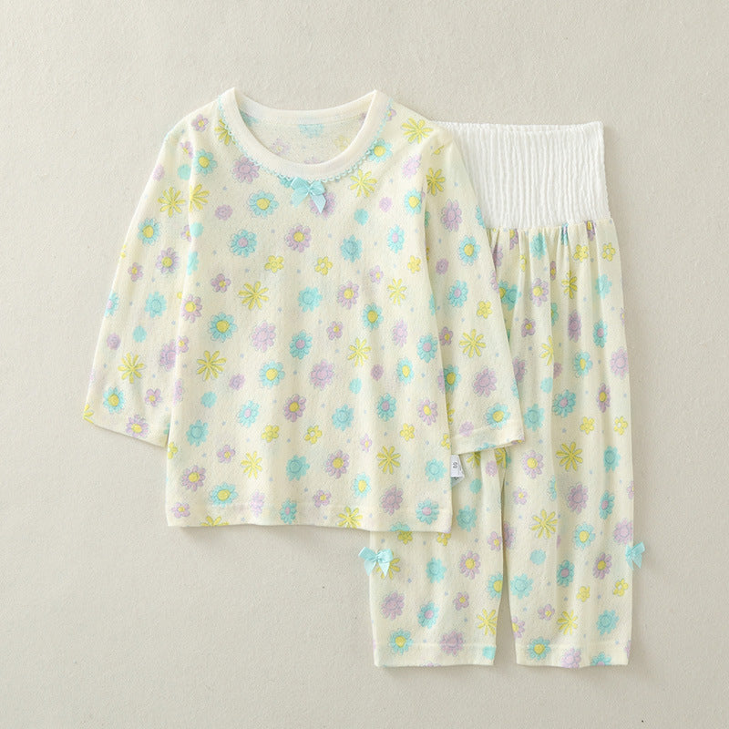 Baby long sleeve suit, cotton summer thin girl air conditioning suit, two-piece high waist belly protection baby loungewear pajamas