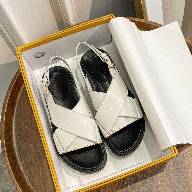 Sheepskin version ~ denim cross platform Roman sandals women wear retro open-toe genuine leather muffin sandals in summer