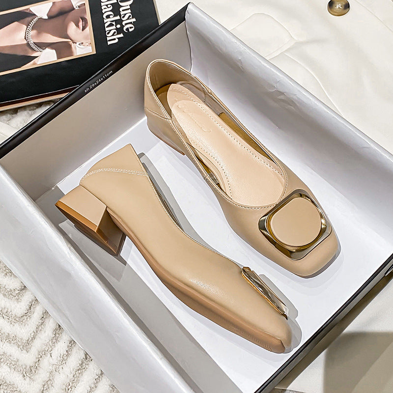 Thick heel single shoes women's 2025 spring new fairy-style shallow mouth medium heel soft leather granny shoes plus size women's shoes 41-43