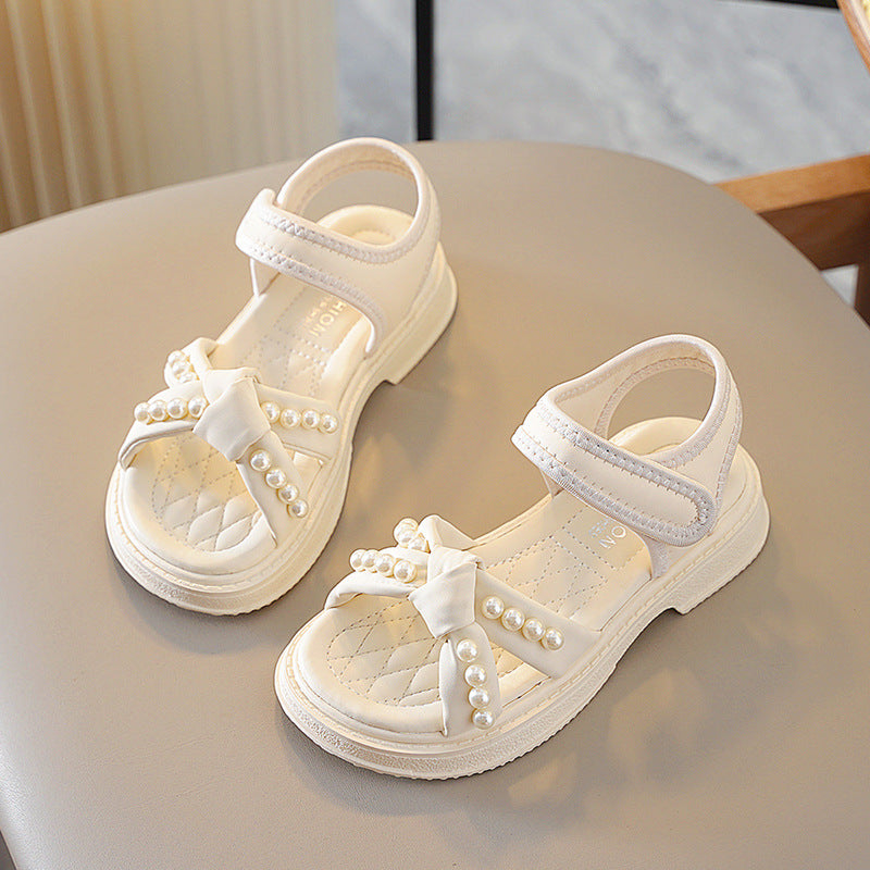 Girls' shoes 2025 summer new children's sandals soft soles pearl little girls princess shoes middle and big kids beach shoes