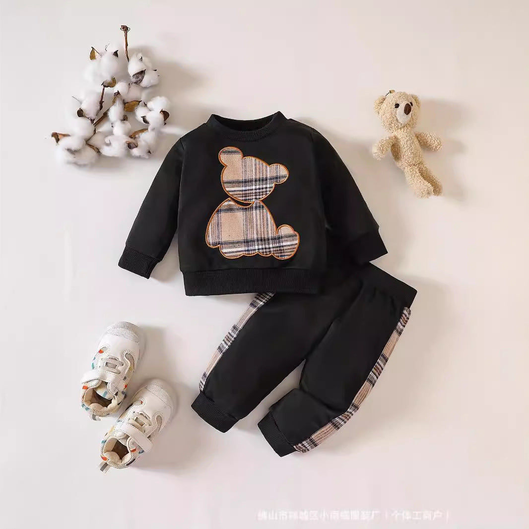 Cross-border INS Amazon 2024 new explosive baby plaid bear embroidered sweatshirt set fashionable