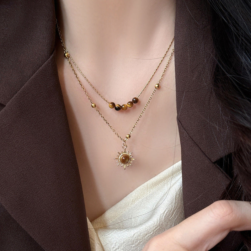 Vintage Gold Sunflower Tiger's Eye Necklace Women's Niche Design Sense Stacking Sweater Chain Autumn Winter Clavicle Chain Accessories