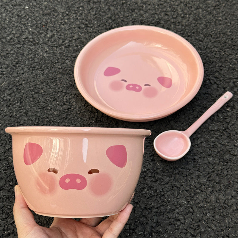 High-value piggy bowl and plate set for home 2024 new one-person ceramic tableware set for couples bowl and plate combination