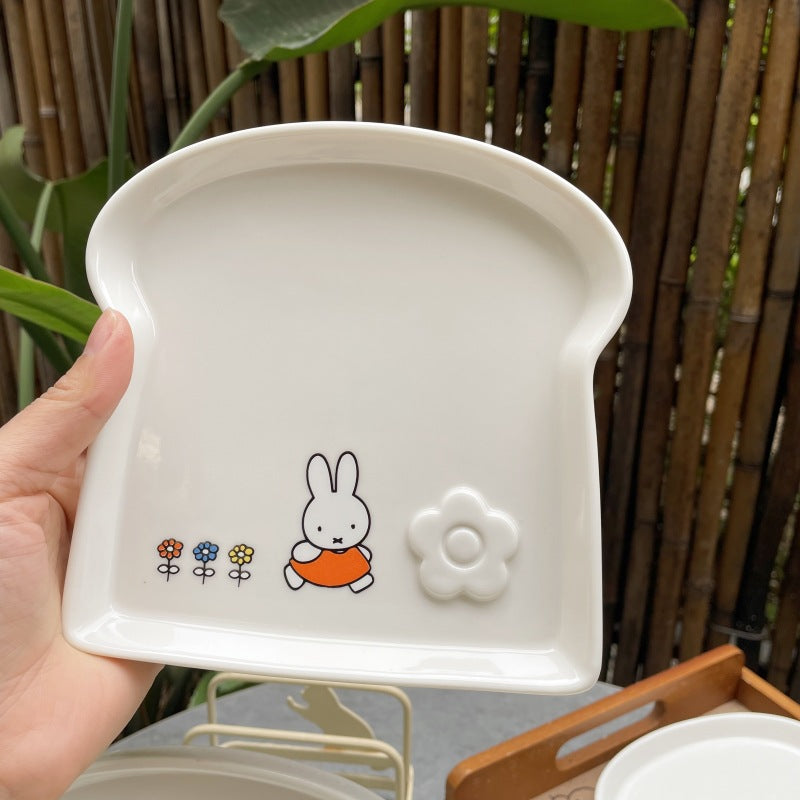 Soft and cute healing Miffy rabbit toast plate, cute rabbit toast shape ceramic plate, small flower flower Japanese dessert plate