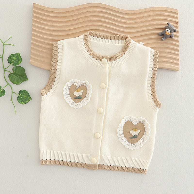 Baby girl knitted vest 2025 spring wear outer wear girls' spring sweater vest baby cardigan shoulder