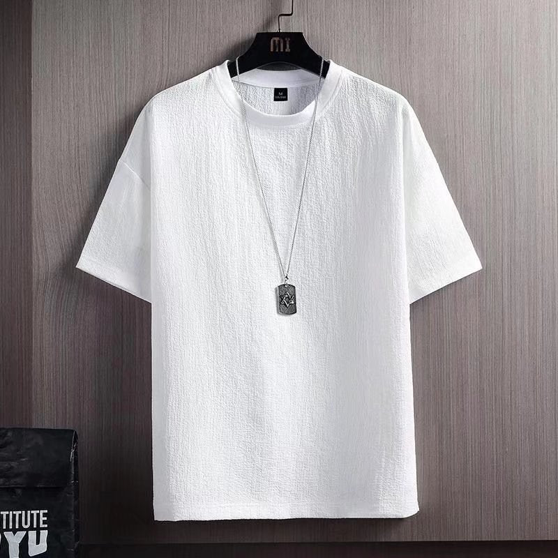 Summer new half sleeve shirt cotton linen short sleeve t-shirt men's solid color loose base shirt white five-quarter sleeves