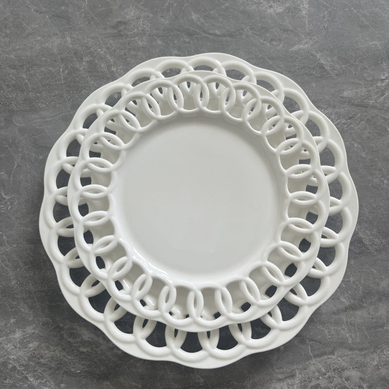New product embossed ceramic hollow plate display plate fruit cake snack plate Western tableware manufacturer direct sales home restaurant