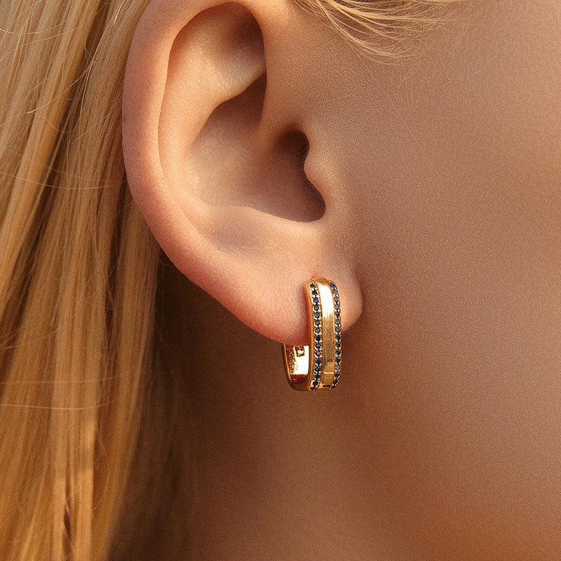 Color-preserving geometric square minimalist cool wind earrings inlaid with zircon light luxury business commuter fashion OL earrings are real gold plated