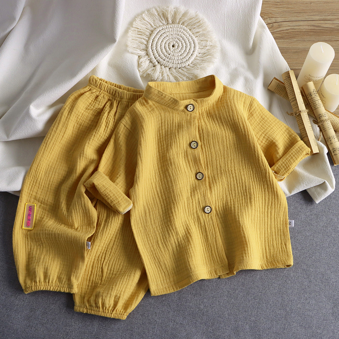 Children's stand-up collar cotton yarn set summer thin boys and girls cotton loungewear baby gauze air-conditioned clothing children's clothing