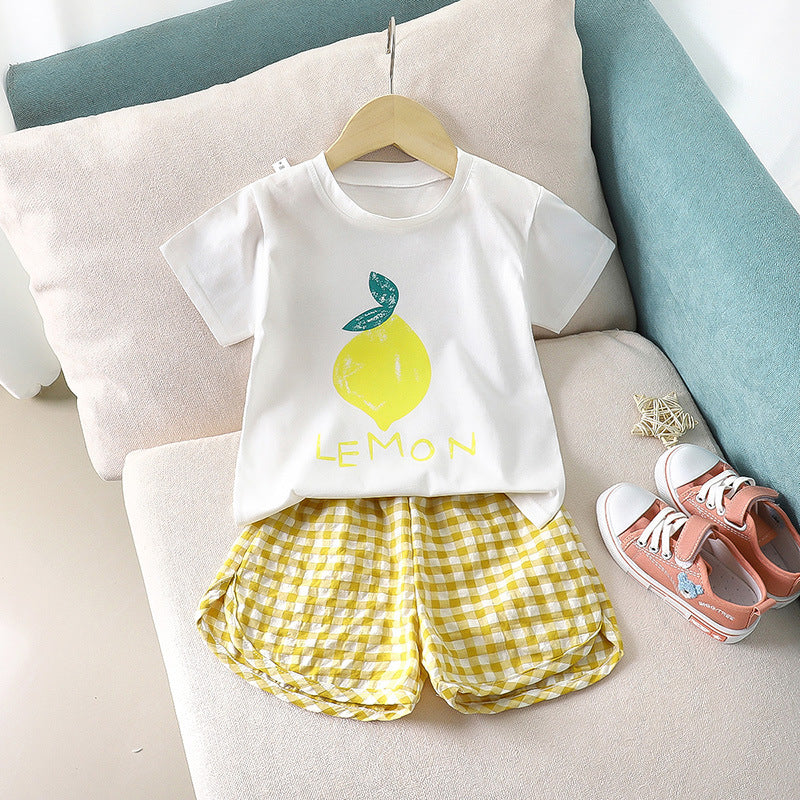 2025 summer new baby girls short sleeve shorts set apple, peach, pineapple, grape small fresh children's clothes
