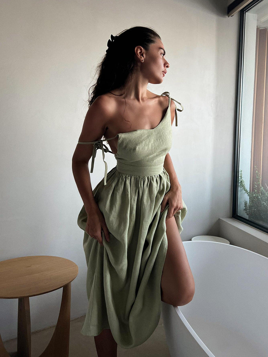 Cross-border cotton V-neck sundress women's European and American 2025 spring new temperament elegant sexy lace-up backless dress