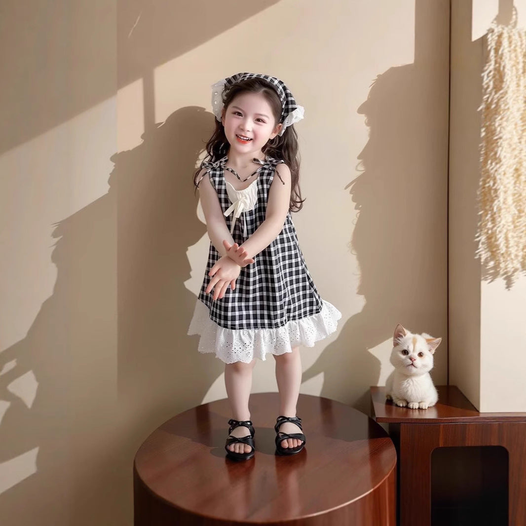 2025 New Summer Girls Girls Children's Sleeveless Lace Plaid Skirt Red Princess Foreign Style Dress Plaid