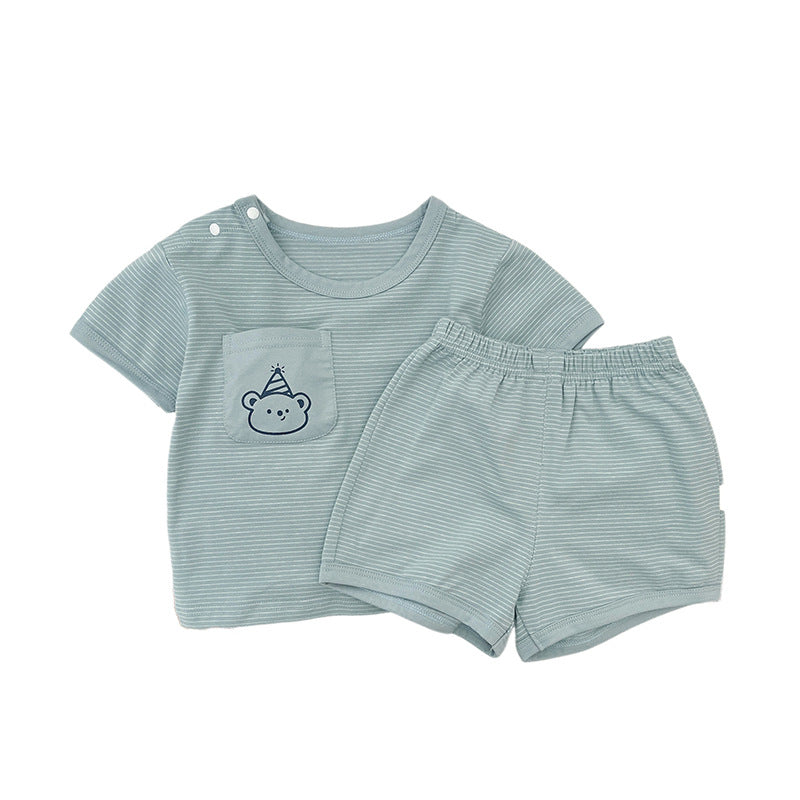 2025 Summer Korean Version Children's Casual Striped Short Sleeve Shorts Set Baby Boy Thin Cool T-Shirt Two-Piece Set