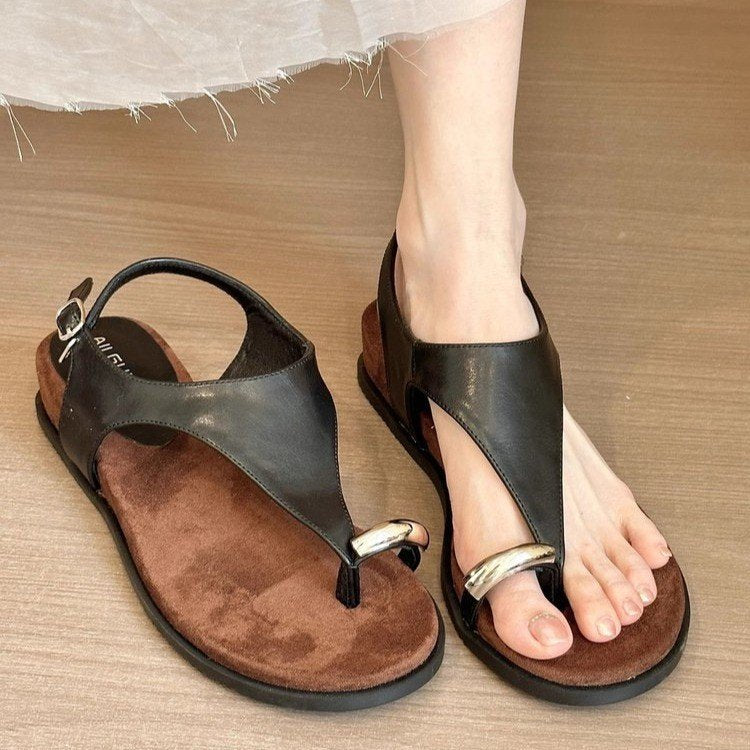 Sheepskin version ~ French niche metal buckle pullover toe sandals, women's fairy style open toe leather soft soles, comfortable Roman shoes