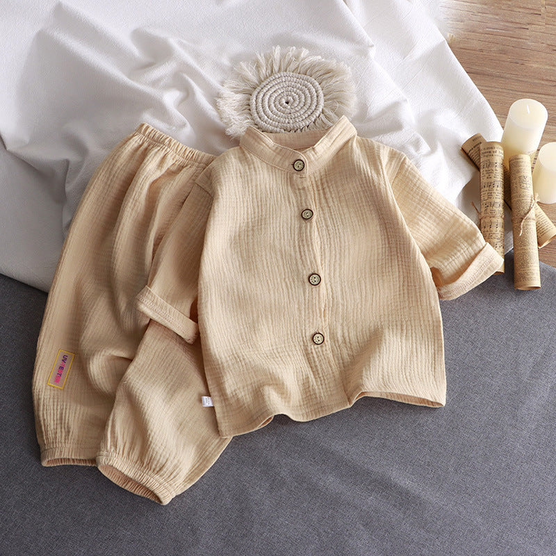 Children's stand-up collar cotton yarn set summer thin boys and girls cotton loungewear baby gauze air-conditioned clothing children's clothing