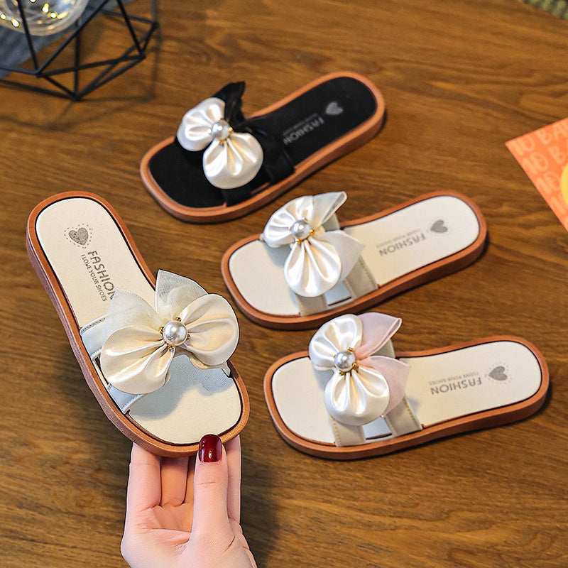 Girls' slippers, pearl bows, versatile, summer new non-slip indoor and outdoor princesses, children's soft-soled beach sandals