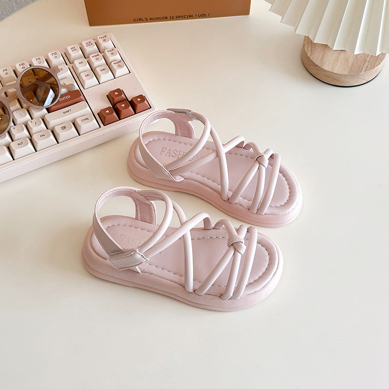 2025 summer new girls' sandals Korean version of breathable Roman shoes for medium and large children open-toed beach shoes