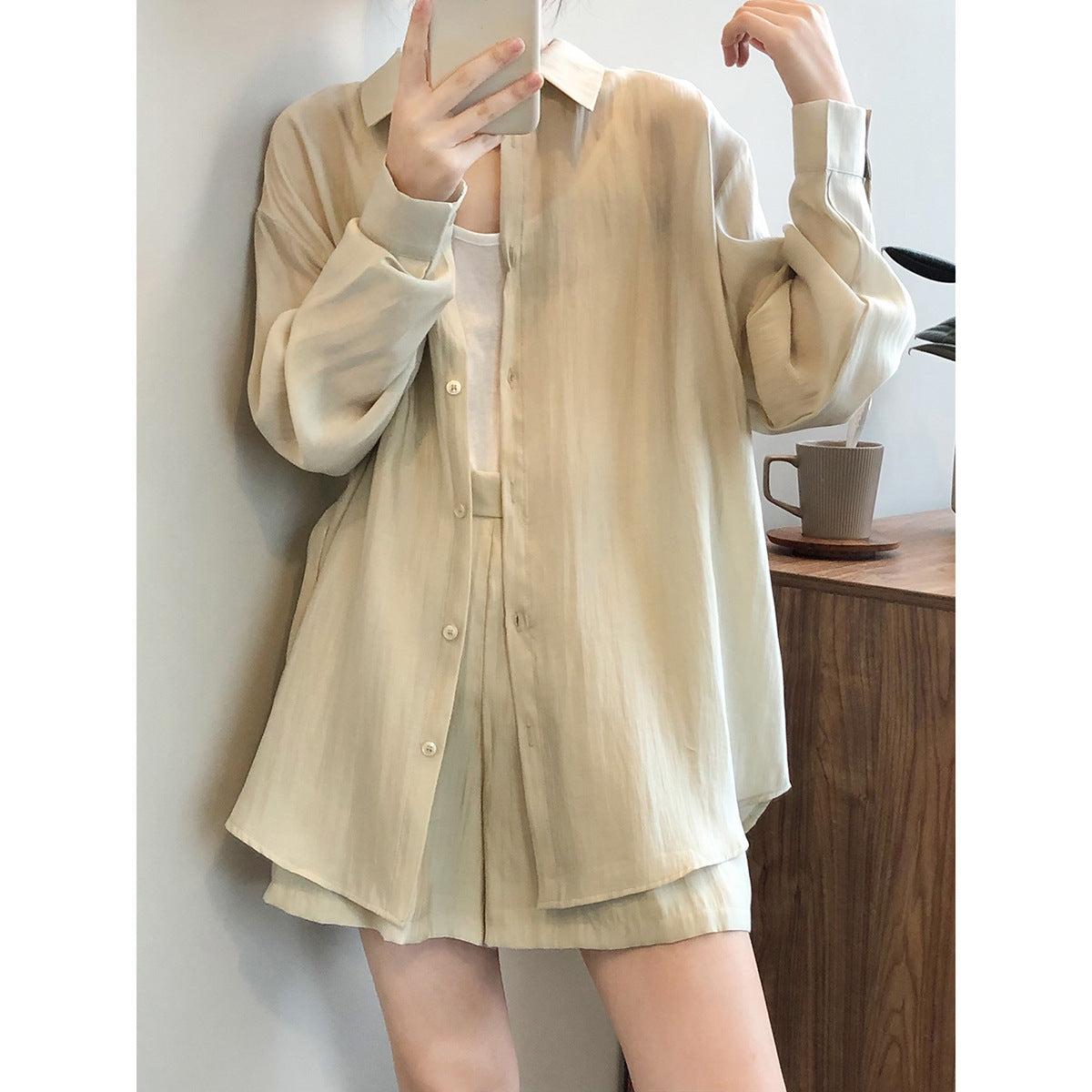 Words double drape breathable sunscreen shirt set women's summer loose thin shirt wide-leg shorts women's 80573