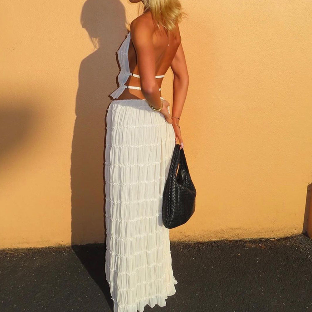 Cross border 2024 summer foreign trade sexy backless halterneck tie pleated lace vest resort style maxi skirt set