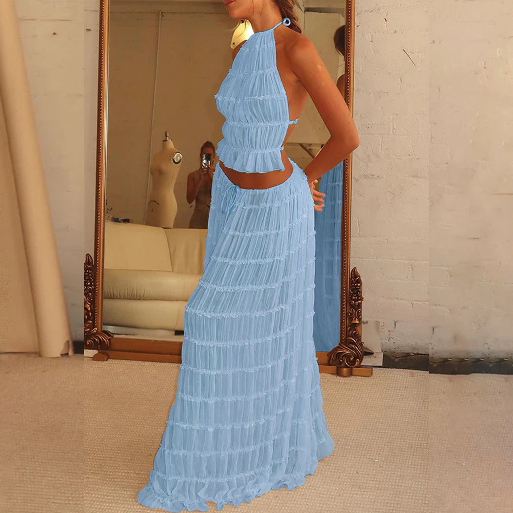Cross border 2024 summer foreign trade sexy backless halterneck tie pleated lace vest resort style maxi skirt set