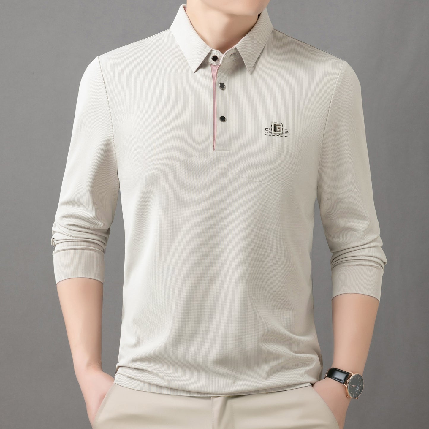 2025 Spring and Autumn Men's Polo Long Sleeve T-Shirt Simple Business Casual Loose Middle-Aged Dad Wear Top Base Shirt