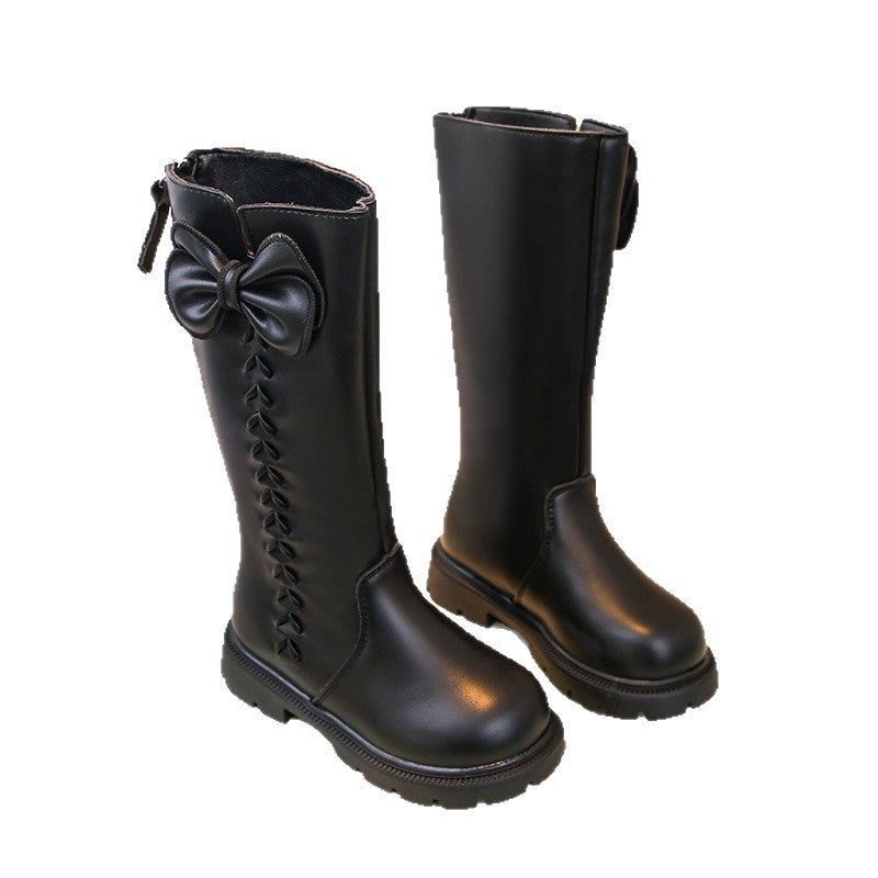 Girls' boots autumn and winter new Korean fashion boots in the middle and big boys with foreign bows and catwalk boots with fleece
