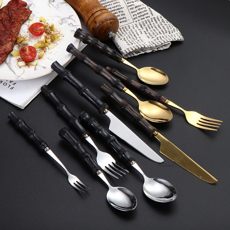 Cross Border Cutlery Set Natural Bamboo Handle Knife Fork Spoon Creative Stainless Steel Spoon Knife Fork Hotel Gift Set