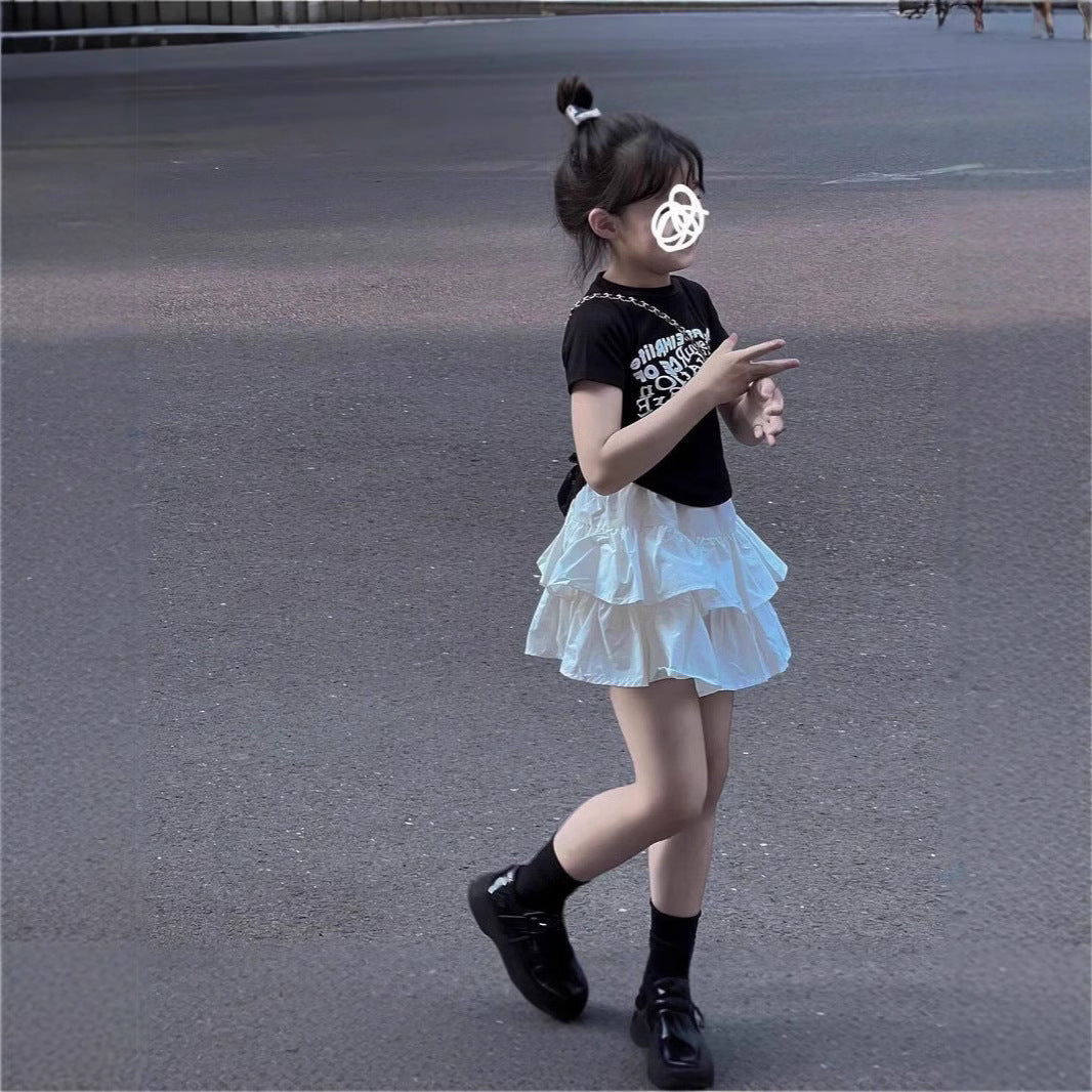 Girls Summer Suit 2025 New Foreign Style Kids Short Sleeve T-Shirt Girls Fashionable Cake Skirt Two Piece Summer Dress