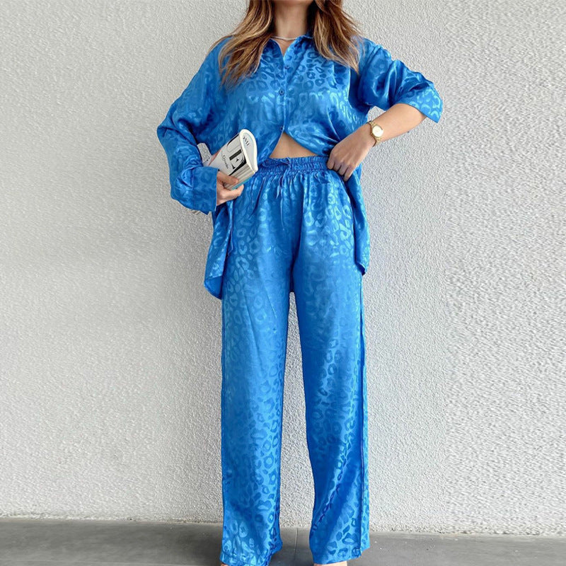 Spot autumn ladies European and American two-piece high-end long-sleeved loose leopard print fashion casual women's suit women's autumn