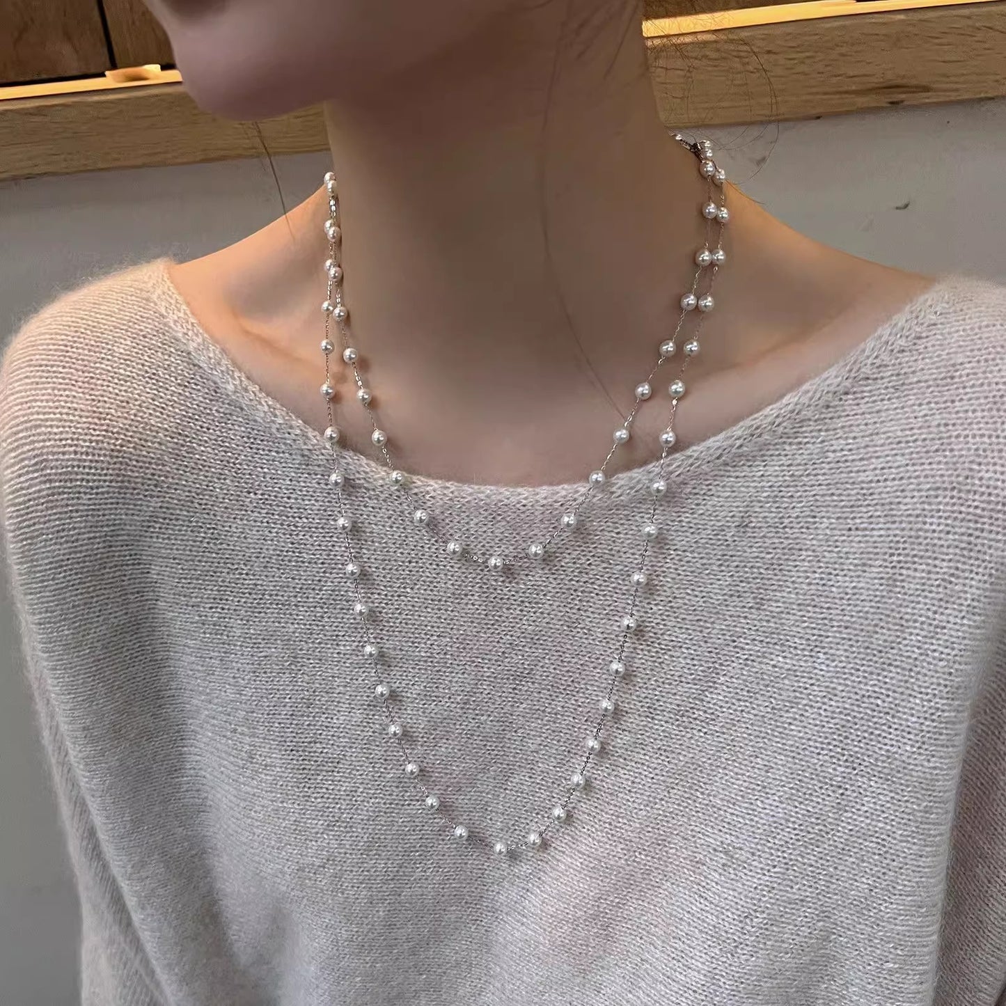 New faux pearl double-layered necklace cross-border exquisite fashion clavicle chain French temperament light luxury sweater chain
