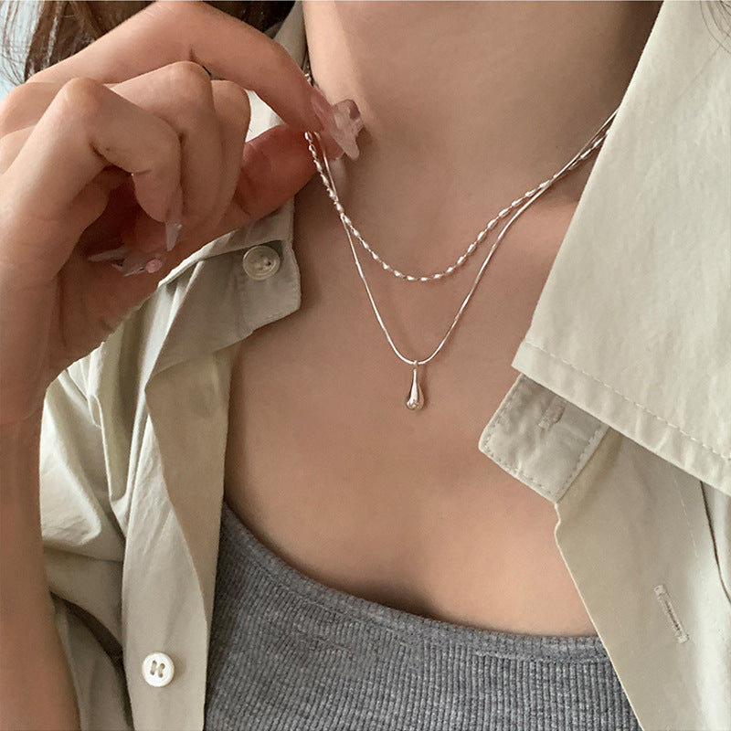 Simple and versatile, double-layered water drop necklace, female cold style, personality temperament, high-end sense of rice, clavicle chain, ins necklace