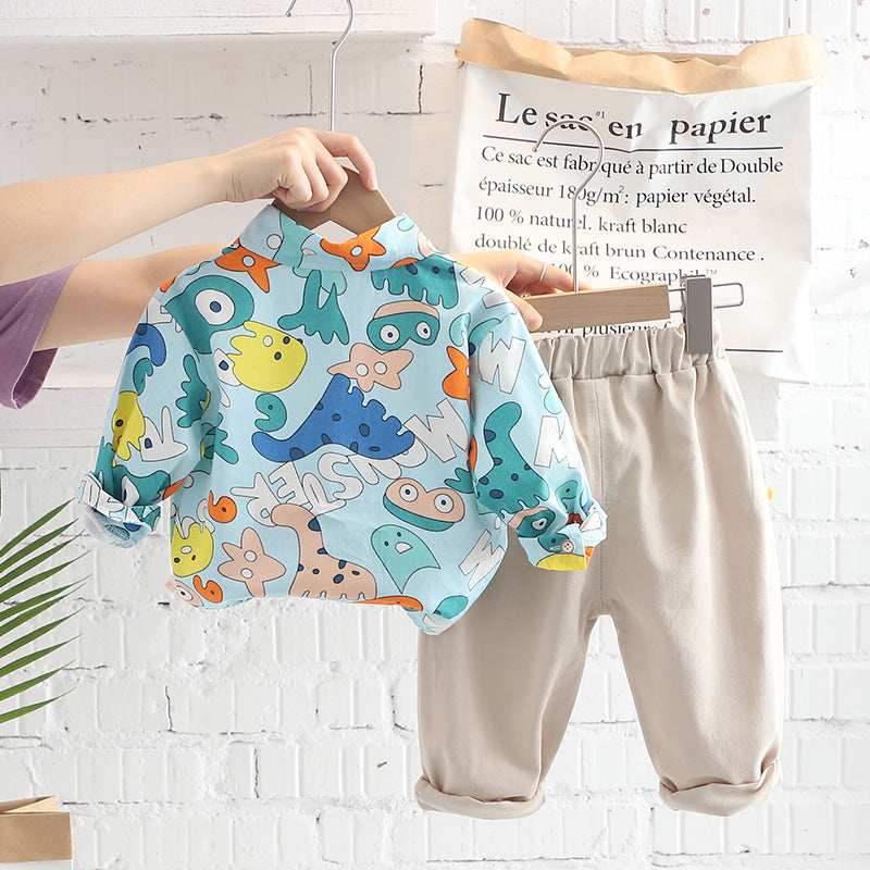 Children's clothing boys' set 2025 new autumn printed dinosaur children's shirt two-piece set of baby boys' clothes
