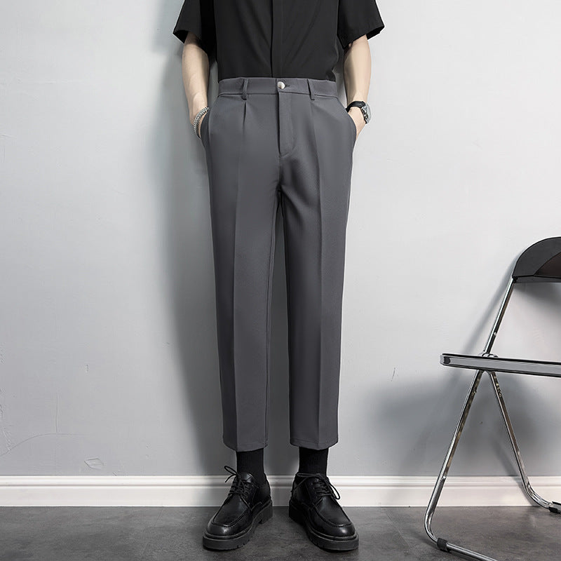 Slim fit, straight, anti-wrinkle suit trousers, men's non-iron, business casual pants, high-end drape, black cropped trousers