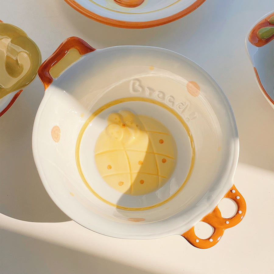 Cute bread, ceramic tableware, home bowl, dessert cookie, bread, high value round plate, rice bowl, spoon, plate